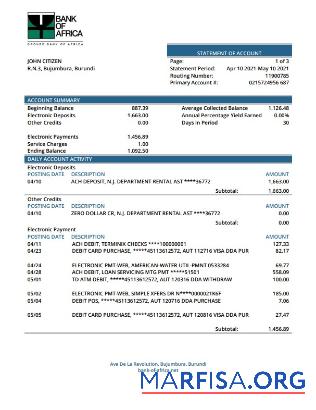 Printable Burundi Bank of Africa bank statement word download for verification